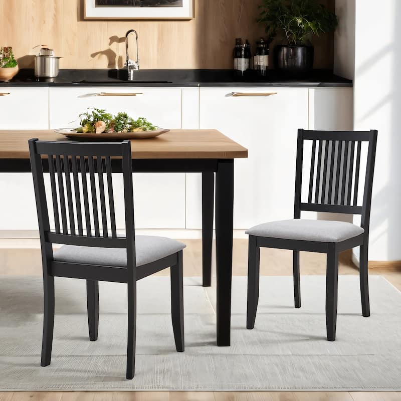 Farmhouse 18"Wide Slat Back Upholstered Seat Wood Dining Chairs - 17.75L×18W×35H - Set of 2 - Black