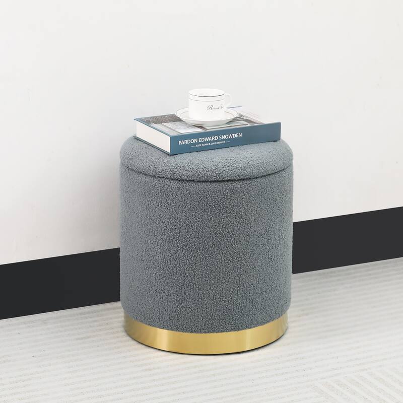 Adeco Velvet Round Storage Stool Gold Plating Base Storage Ottoman