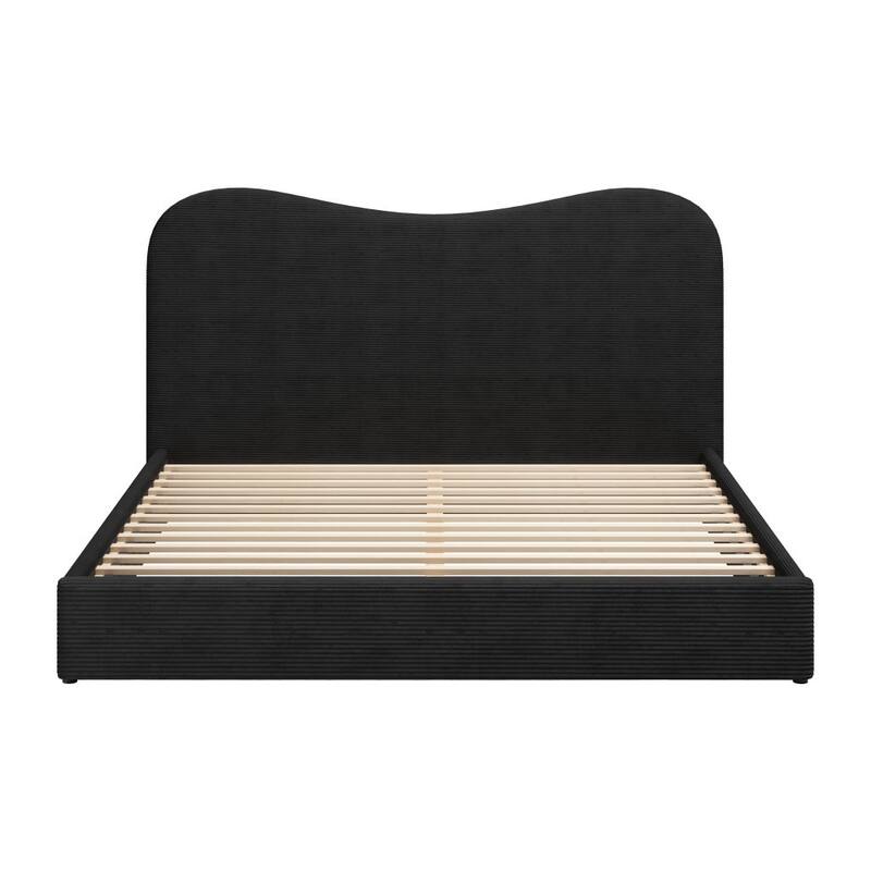 HomeRoots Black Ribbed Texture Velvet Upholstered King Bed Frame