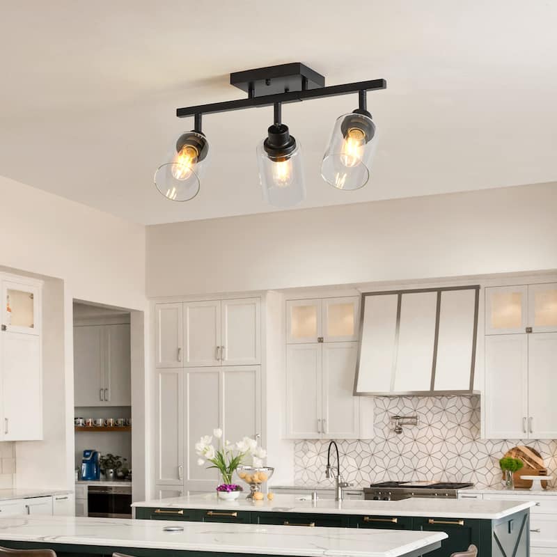 3-Lights Semi Flush Mount Ceiling Light, Adjustable Kitchen Light Fixtures Ceiling Mount with Glass Shades(Bulb Not Included)