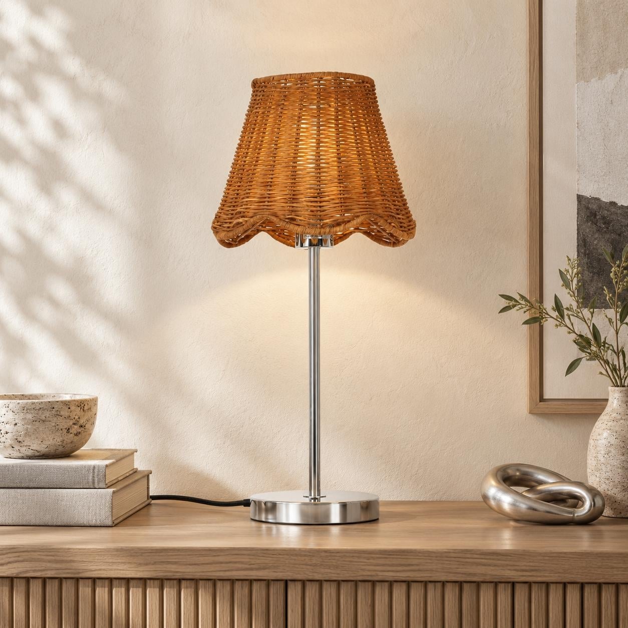 Natural Farmhouse 1-Light Table Lamp with Rattan Shade and Chrome Plated Metal Base - 9.3
