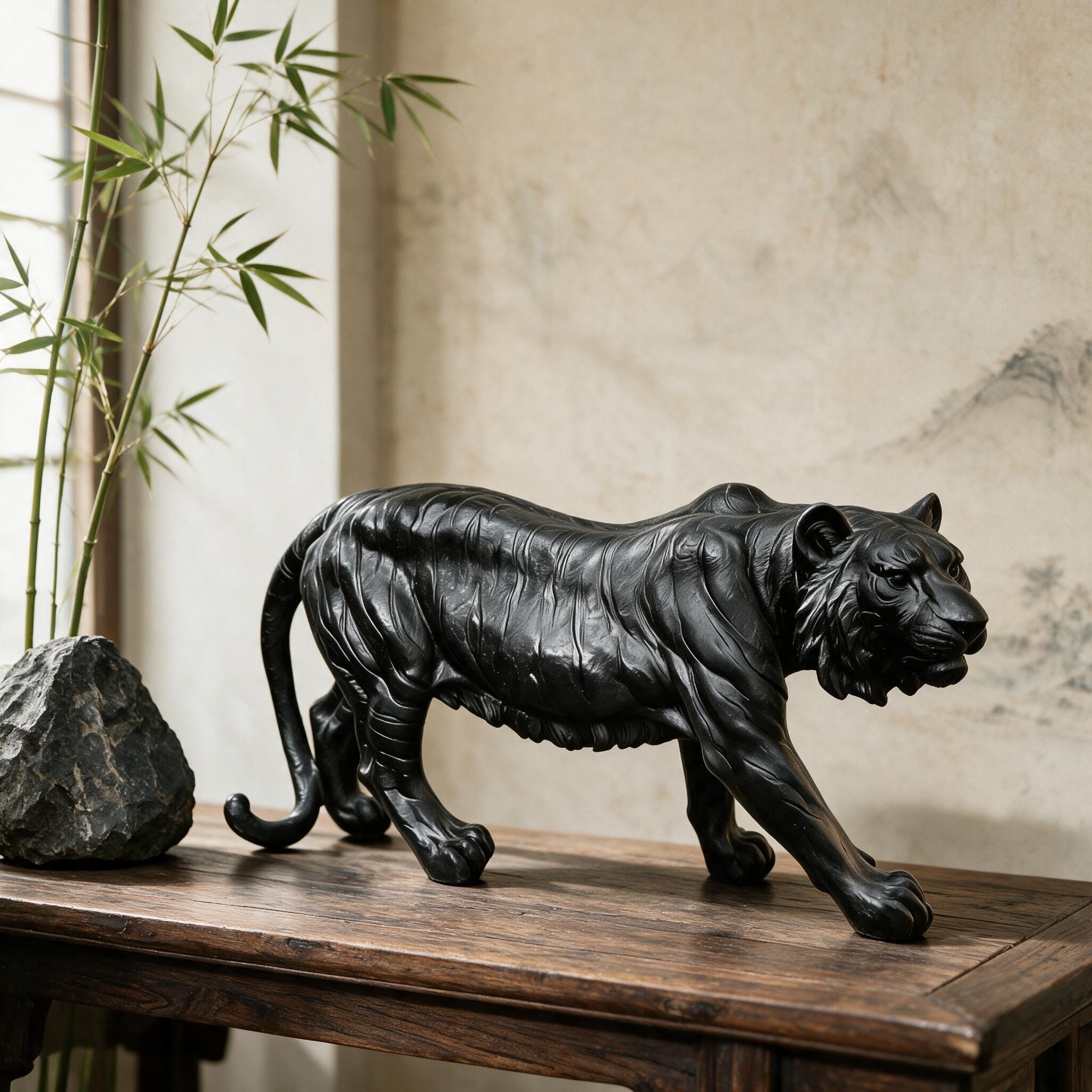 Matte Black Resin Tiger Statue, Weatherproof Stalking Tiger Sculpture - N/A