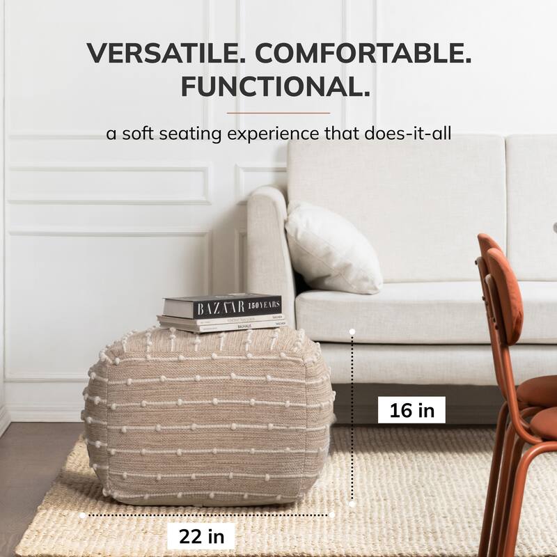 Jani Penelope 22 x 22 x 16 Brown & Ivory Square Pouf Ottoman - Handmade Footrest for Living Room, Bedroom