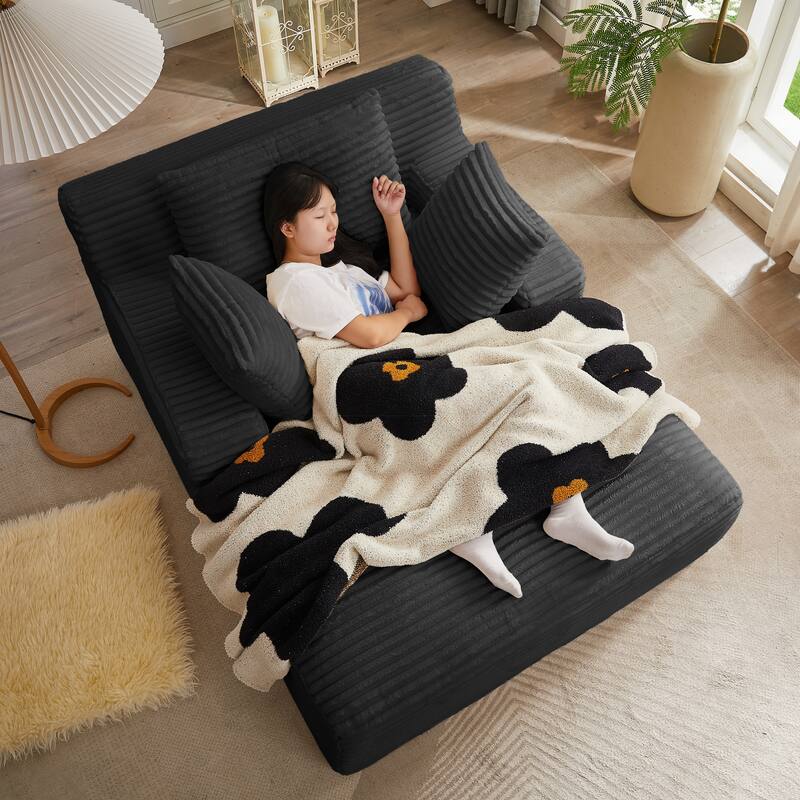 Oversized Corduroy Chaise Lounge Chair, Floor Sleeper Sofa with Pillow, No Assembly Required - Black