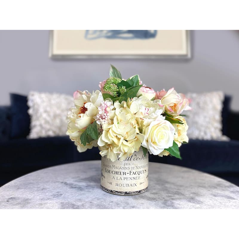 Rose and Hydrangea Arrangement in Label Vase - Pink, Cream, Green