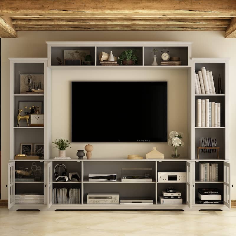 Home Modern Entertainment Center Large Tv Stand Console Table Modular - 102"W/withsidecabinet - Grey