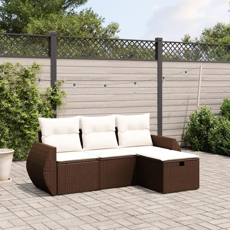 vidaXL Patio Sofa Set with Cushions Outdoor Furniture 4 Piece Poly Rattan - Brown and cream Large
