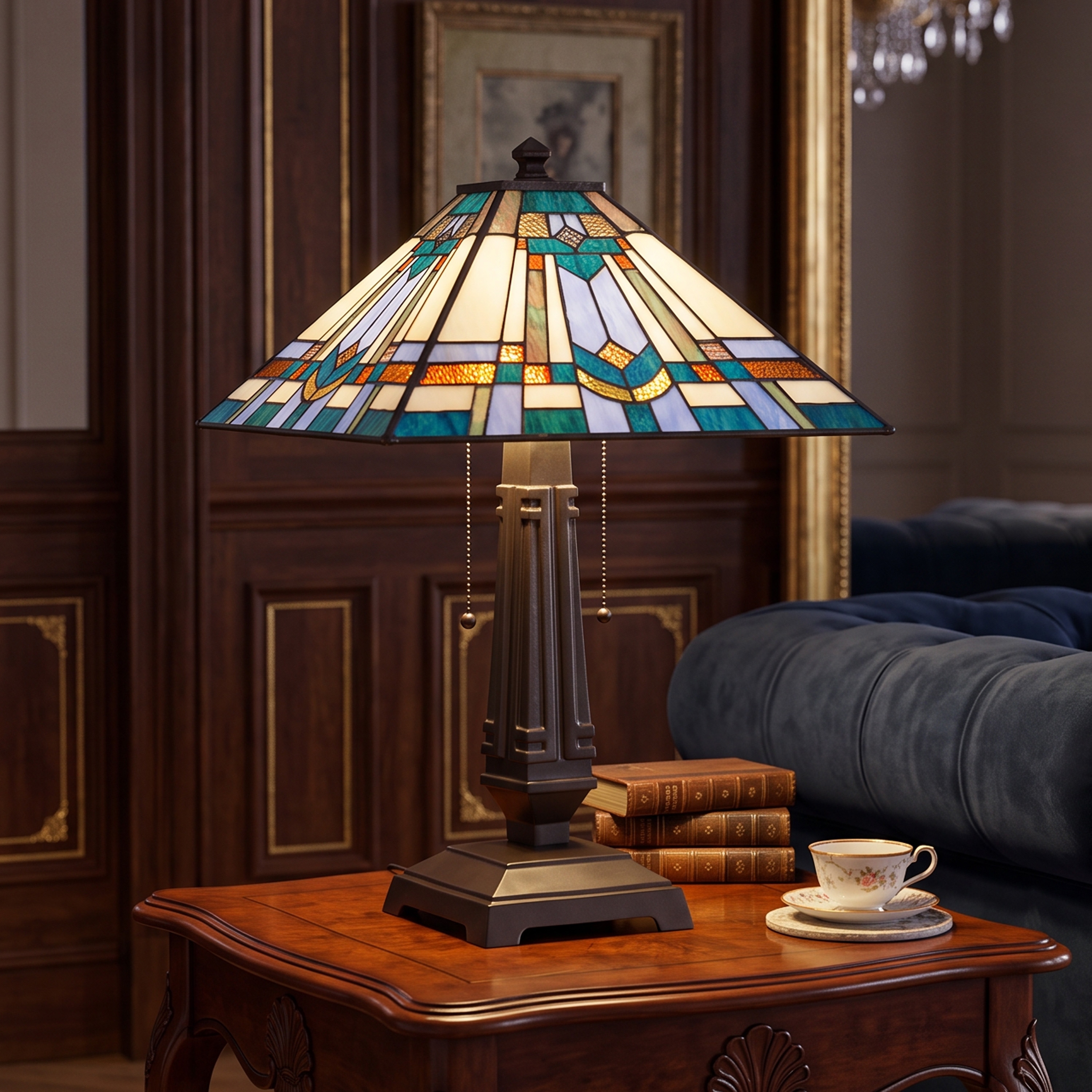 River of Goods Meridian Brown Metal and Glass Empire Shade 21-Inch Tiffany-Style Table Lamp - 14'' x 14'' x 21"