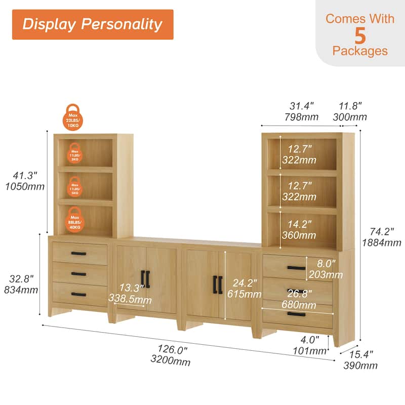 WAMPAT Entertainment Center with Bookshelves, Farmhouse TV Stand, Media Console with Adjustable Shelves for Living Room, Bedroom
