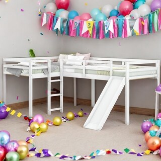 L-Shaped Twin Size Loft Bed with Ladder and Slide, Space-Saving Design And Sturdy Construction,White