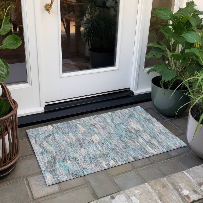 Machine Washable Indoor/ Outdoor Abstract Rock Chantille Rug - Teal - 1'8" x 2'6"