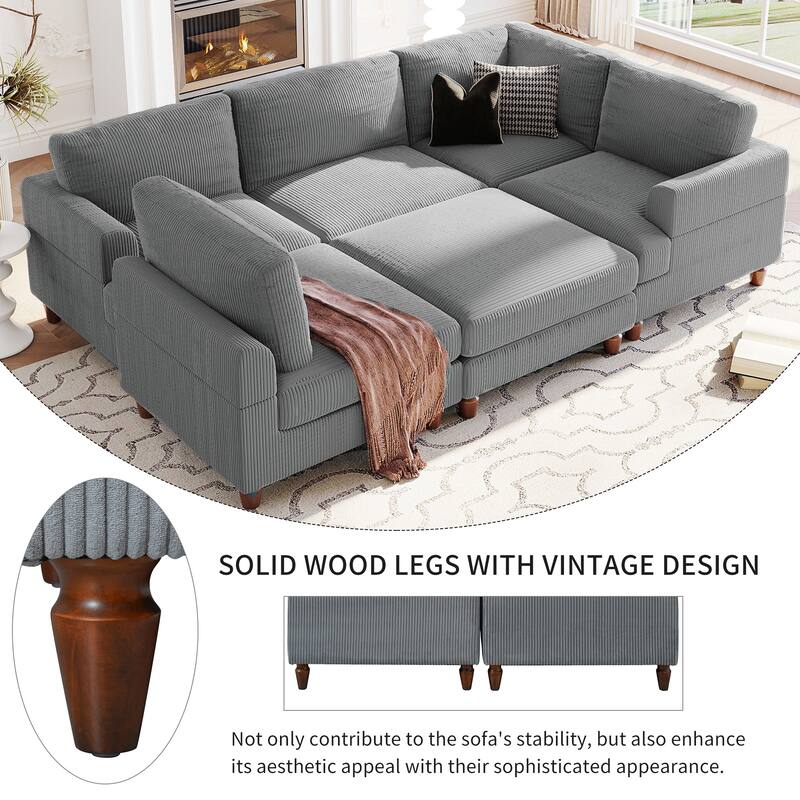 L Shaped Modular Sectional Sofa with Ottoman, Corduroy Upholstered Sleeper Sofa Bed, Corner Sectional Couch with Wooden Legs