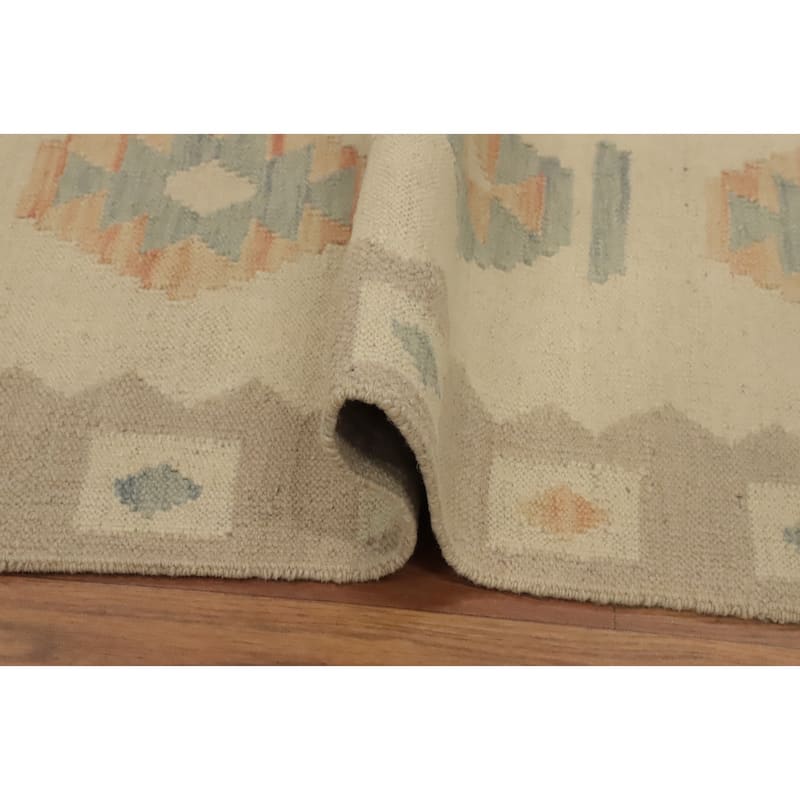 Hand Woven Oriental 100% Wool Carpet Southwestern Tribal Beige & Ivories Kilim Runner Rug - 8' 0'' X 2' 0''