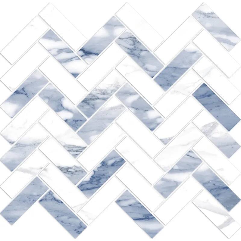Veneto 11.1 in. x 12.36 in. Polished White with Blue-Gray Porcelain Herringbone Wall and Floor Tile (4.76 sq ft/case) - 5 Sheets