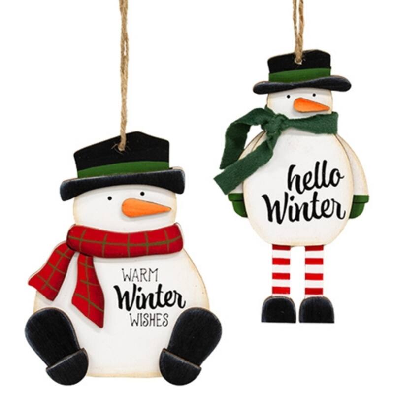 Layered Wooden Snowman Ornaments with Jute Hanging String for Christmas Decor 2 Asstd.