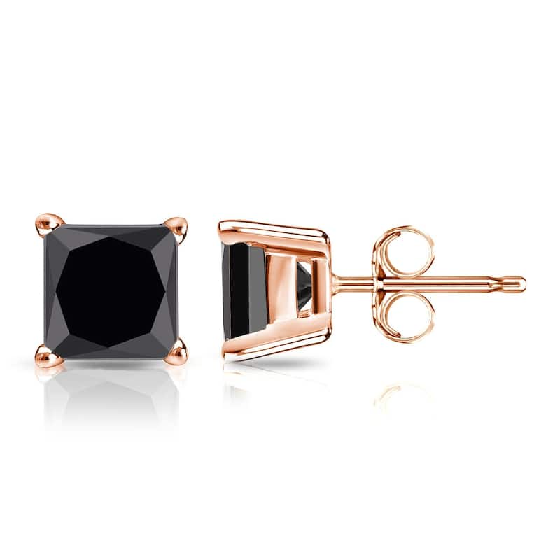 Auriya 14k Gold 1 1/2ctw Princess-cut Black Diamond Stud Earrings - Rose