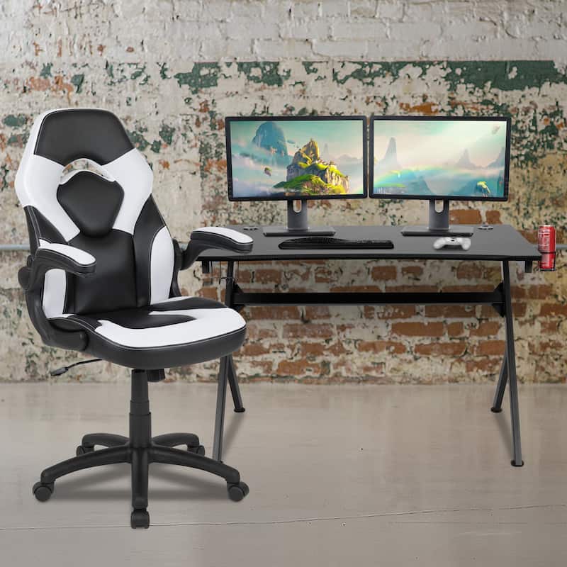 Gaming Desk Bundle - Cup/Headphone Holders, Wire Management - White