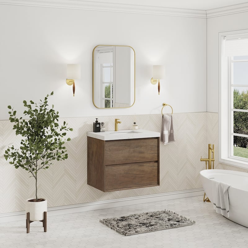 Sylphar 30 inch Bathroom Vanity with Sink, Floating Oak Cabinet with Stone Top