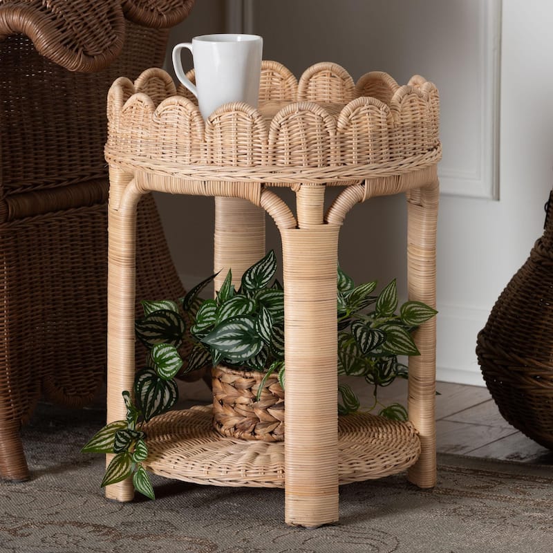 Latoya Natural Rattan End Table - Handwoven Wicker 2-Tier Side Table with Scalloped Border for Living Room or Bedroom
