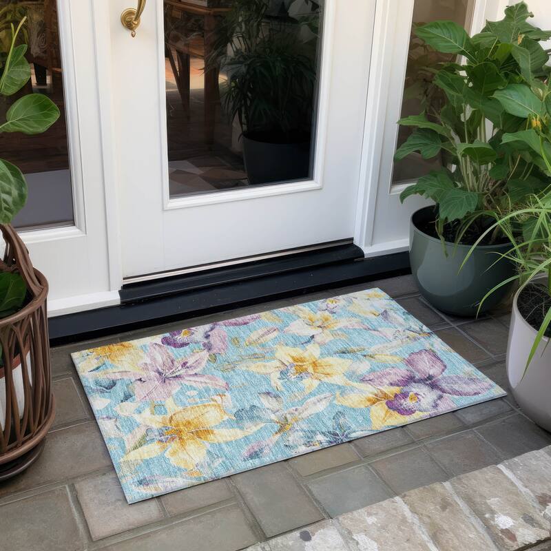 Machine Washable Indoor/ Outdoor Modern Floral Chantille Rug - Aqua - 1'8" x 2'6"