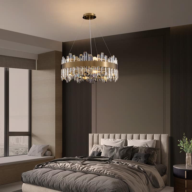 24 in. 2-Tier Modern Crystal Chandelier Brass Gold Round Crystal Raindrop Chandelier Contemporary Pendant Light for Dining Room
