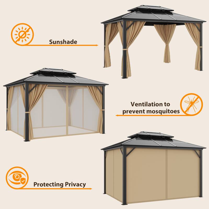 Outdoor Hardtop Gazebo with Double Roof & Aluminum Frame, Permanent Hardtop Gazebo with Netting and Curtains