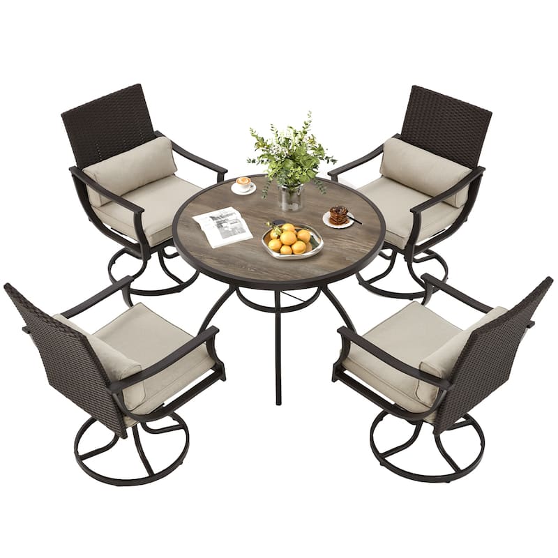 EROMMY Outdoor Dining Set, Swivel Rocking Chairs, Rectangular Table w Umbrella Hole, Patio Furniture Set for Backyard