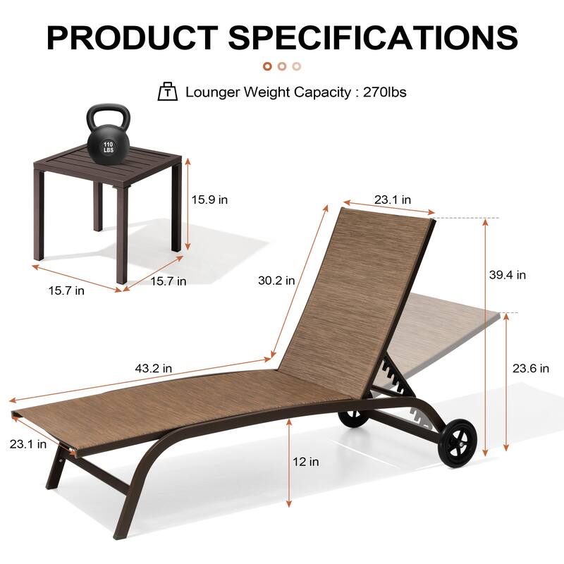 Outdoor Chaise Lounges and Side Table, Patio Lounger with Wheels 3-Piece Set - See Picture