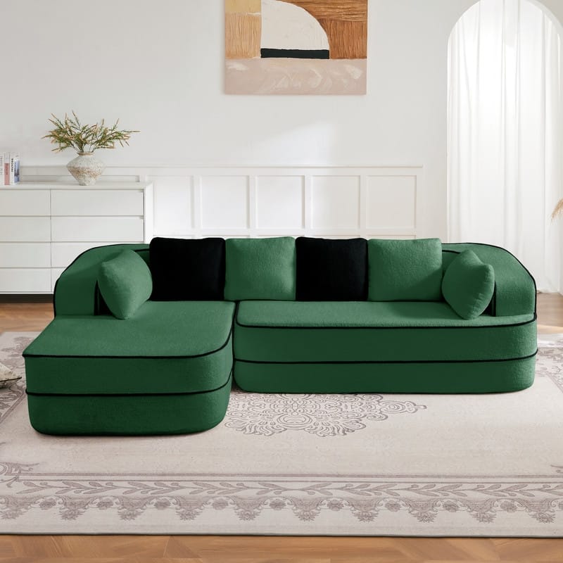 Rossetta 106" Left-Facing Modular L-Shaped Chaise Contrast Color Sectional Teddy Fabric Boneless Sofa - Green