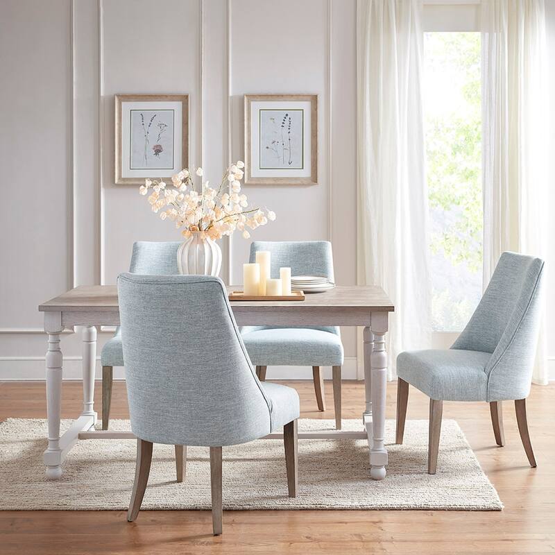 High Back Upholstered Dining Chair Set of 2 with Farmhouse Solid Legs - Light Blue