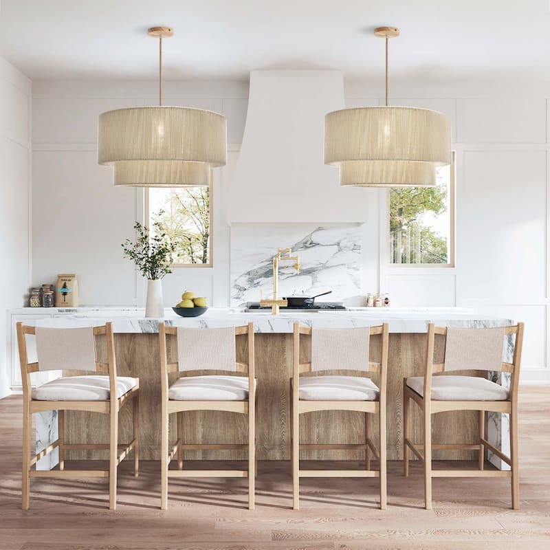 Elaine Rattan Pendant Light - Ivory White Large Drum 1-Light Handwoven Light Fixture For Modern, Boho, Farmhouse Room Decor