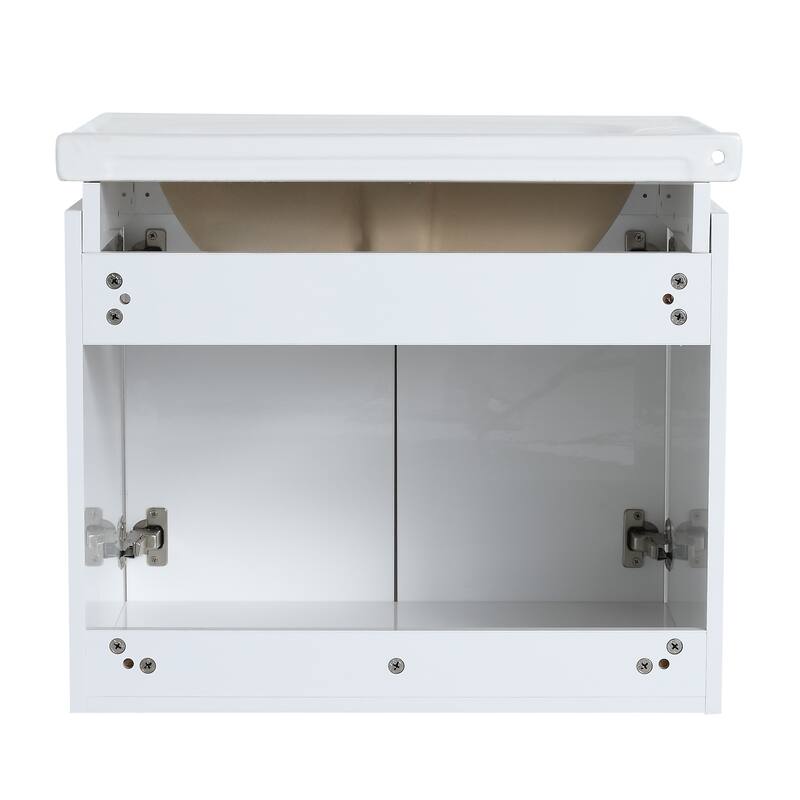 Wall Mounted Bathroom Vanity with Ceramic Basin, Soft Closing Doors, and Metal Handles for Modern Bathroom Storage