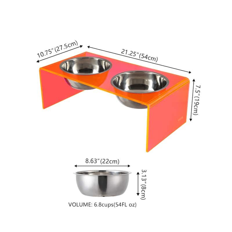Keaton 7.5" Medium/Large Modern Lucite Rectangular Elevated Pet Feeder with 54oz 2-Stainless Steel Bowls
