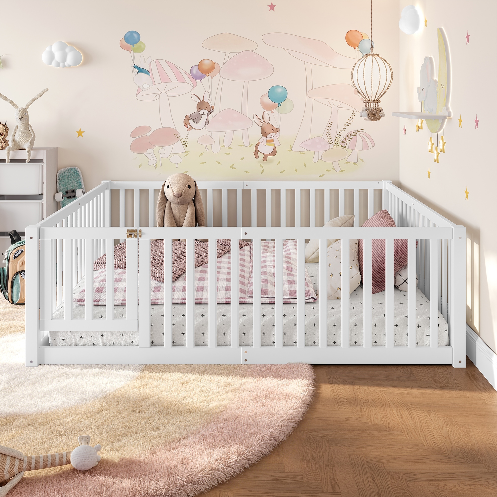 Full Size Bed Floor Bed with Safety Guardrails and Door for Kids