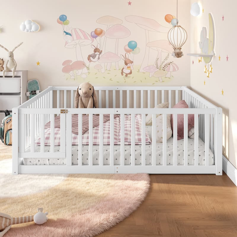 Montessori Floor Bed with Safety Guardrails & Door, Kids Low Profile Frame, Available in Queen/Full/Twin - White - Full