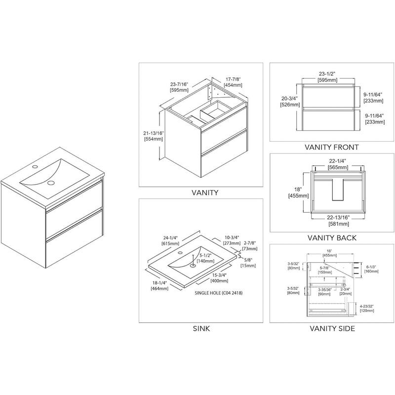 Blossom Glossy White & Grey Wall-Mounted Bathroom Vanity with Sink Set