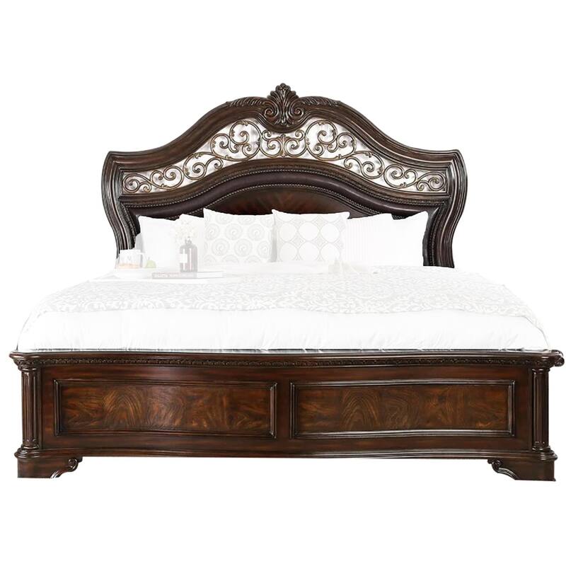 Odora Ornate Carved Queen Bed, Faux Leather Upholstery, Brown, Gold