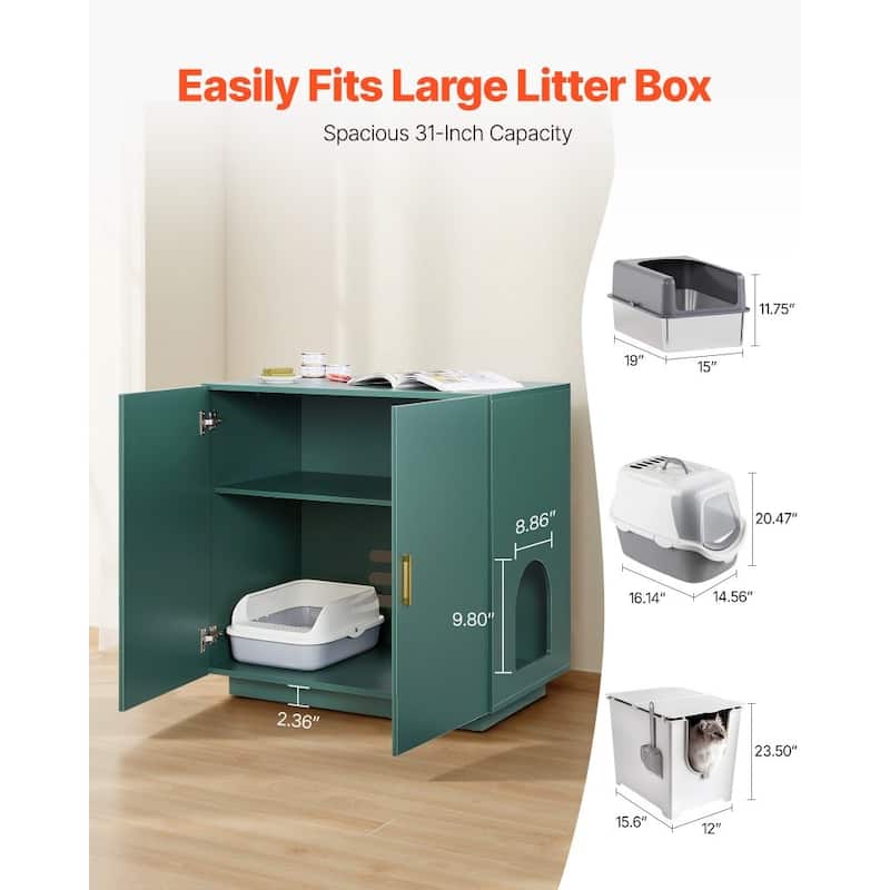 Dark Green P2 Particle Board Cat Litter Box Enclosure with Gold Handles - 31.50 × 19.69 × 31.10 inch