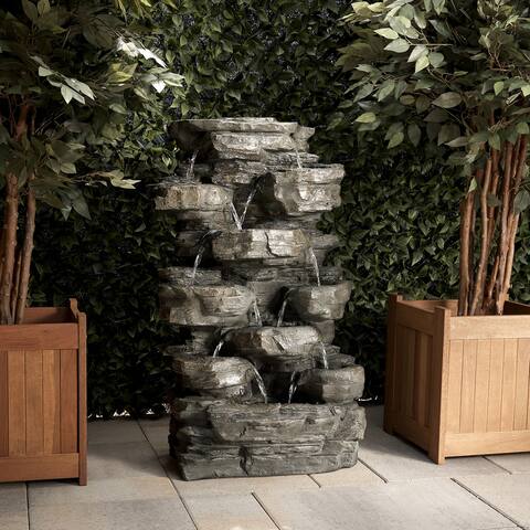 Alpine Corporation 39" Tall Outdoor Multi-Tier Rock Water Fountain with LED Lights