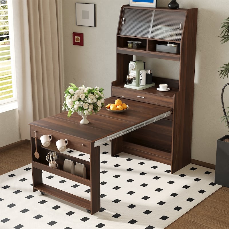 Compact Dining Table with Hutch and Foldable Buffet, Storage Shelf & Side Hooks