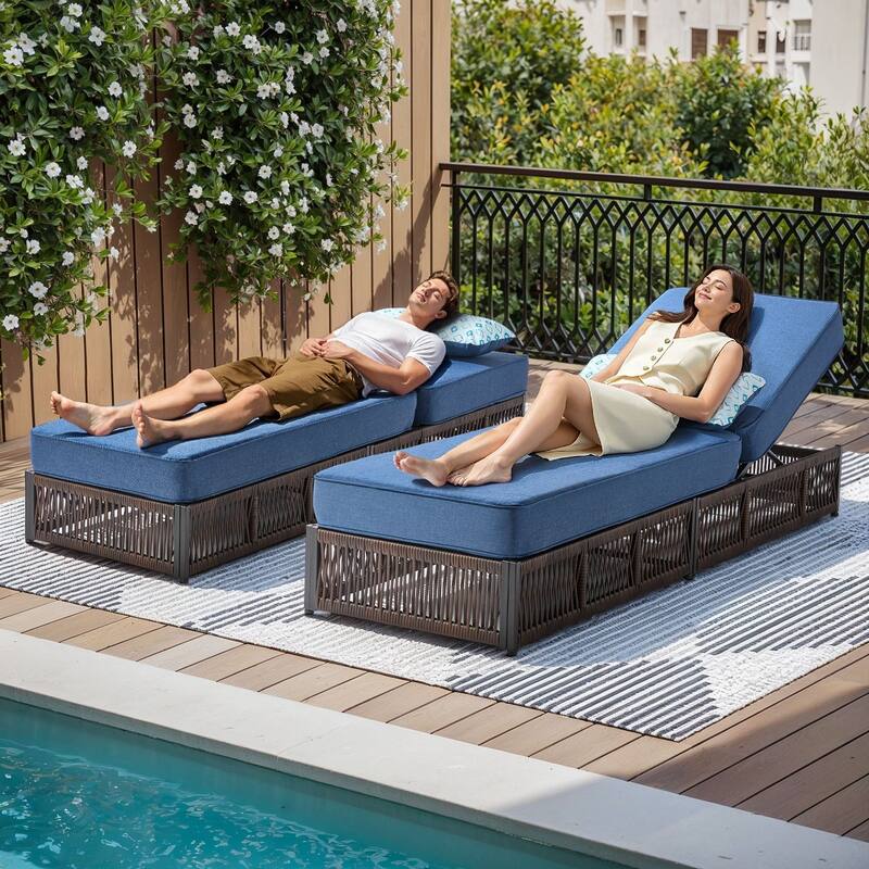 Gymojoy Outdoor Patio Chaise Lounge Chair, Luxury Rattan Recliner with 6-Position Backrest & 5-Inch Thick Cushions - 1-Piece