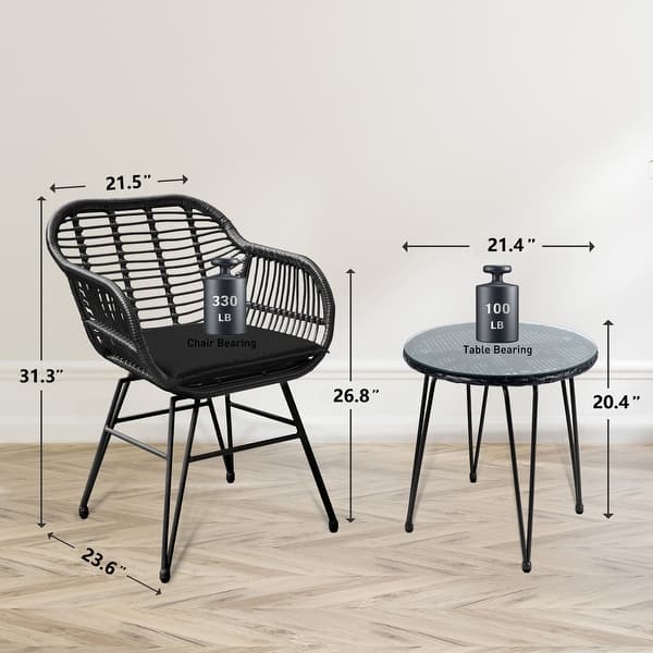 dimension image slide 1 of 5, 3 Piece Outdoor Wicker Furniture Patio Bistro Set With Cushions for Porch Poolside Garden - 21.2"L x 23.6"W x 31.5"H