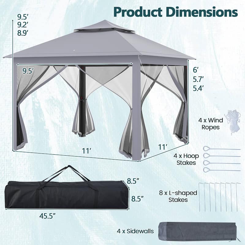 Costway 11'x11' 2-Tier Pop-Up Gazebo Tent Portable Canopy Shelter
