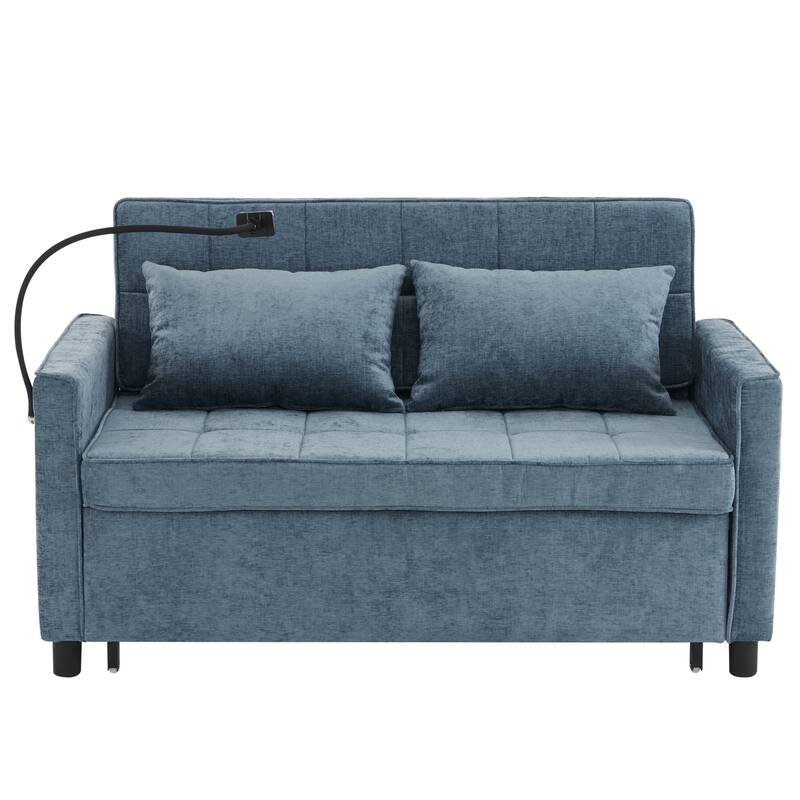 Roomfitters Loveseat Pull-Out Sofa Bed with Reversible Backrest Cushion, Side Pockets, USB Ports, and Phone Holder