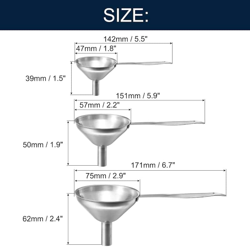 3 in 1 Funnels for Filling Bottles, Stainless Steel Small Kitchen Funnel Set - Silver - Silver