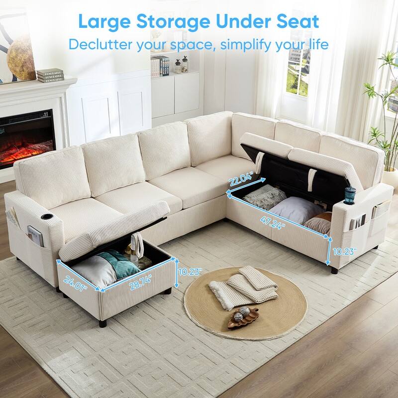 Mixoy 6 Seat U-Shaped Modular Sectional Sofa with Pull Out Bed, Sleeper Sofa Bed with Cup Holders & Storage