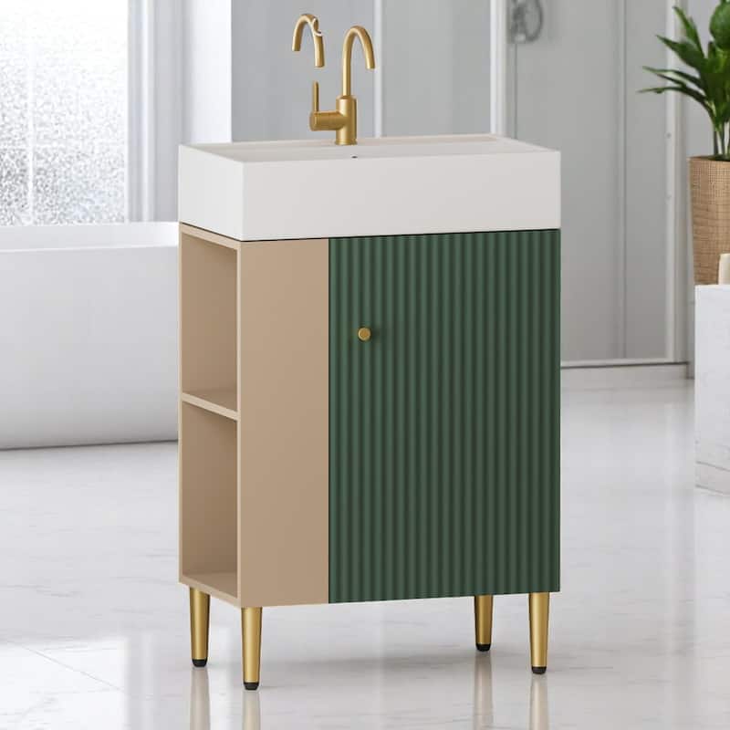 21.6" Open-Shelving Bathroom Vanity with Ceramic Sink, Soft-Closing Door, Brushed Copper Accents, Compact Storage Cabinet - Green