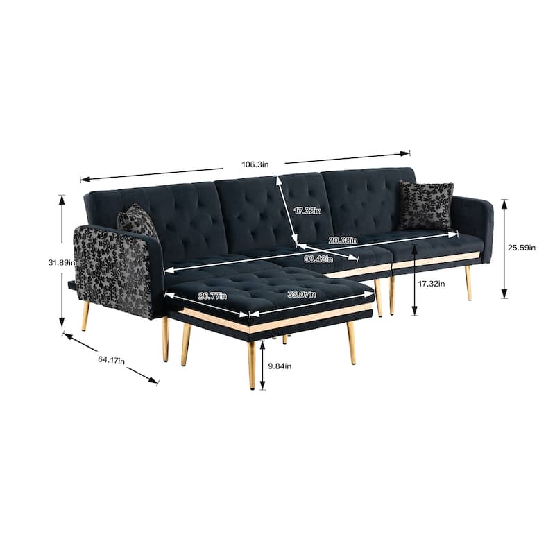 Polyester Upholstered Tufted Sleeper L-Shaped Sectional Sofa With Ottoman