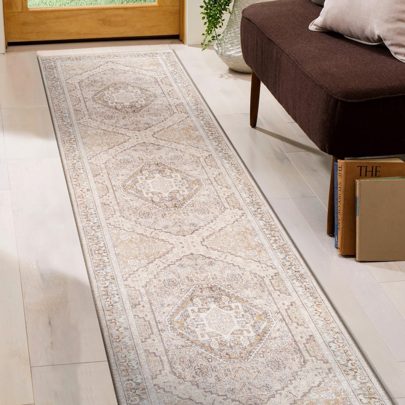 Beige Medallion Flat Pile Washable Rug - Pet Friendly, Non-Slip for Entryway and Bedroom - Beige - 2'6" x 6'