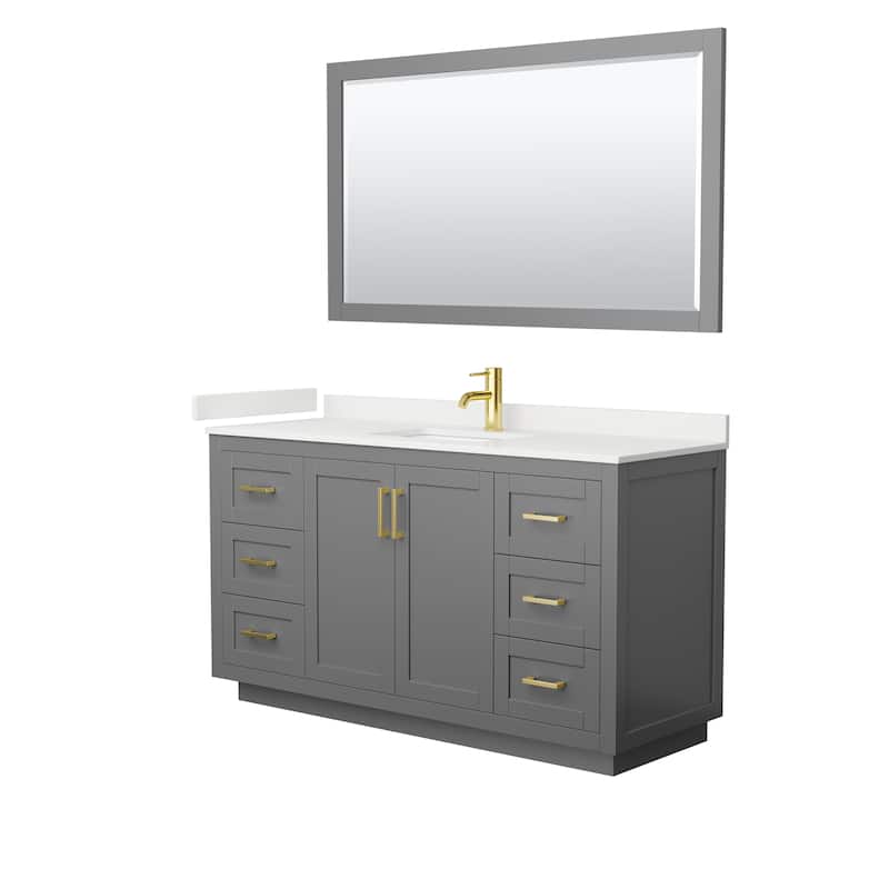 Miranda 60-inch Single Vanity, Quartz Top, 58-inch Mirror - Dark Gray, Gold Trim, White Quartz Top